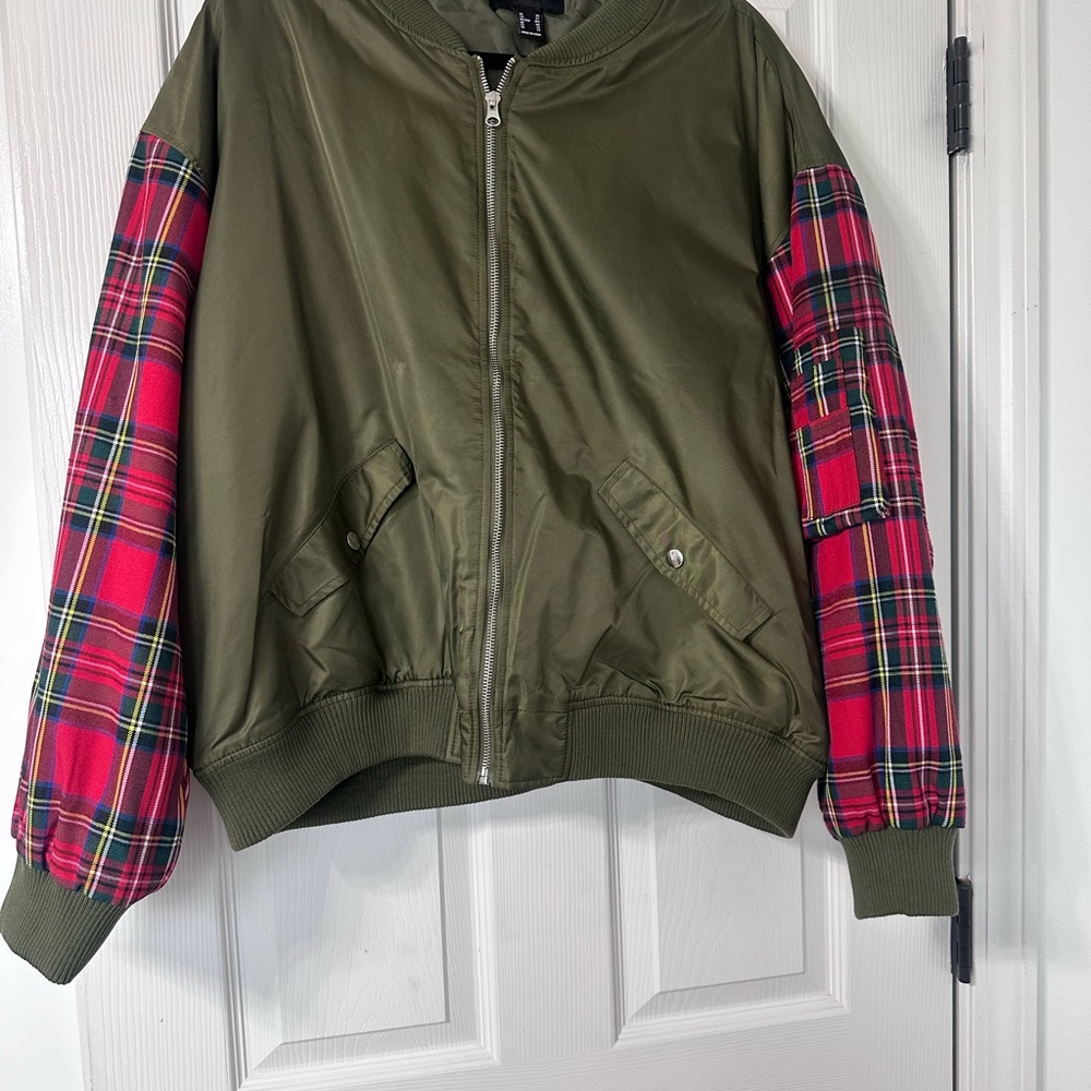 Olive Green Jacket with Red Plaid Sleeves